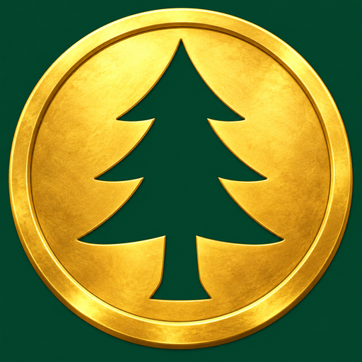Septim Tree gold coin with a green evergreen emblem